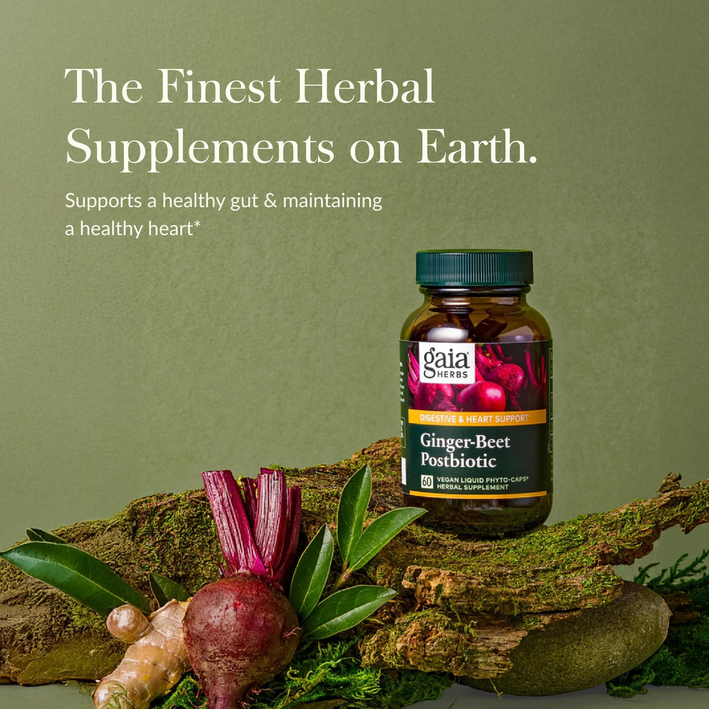 Gaia Herbs Ginger-Beet Postbiotic bottle side shows daily wellness potential.