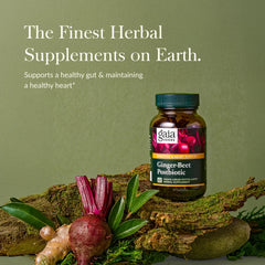Gaia Herbs Ginger-Beet Postbiotic bottle side shows daily wellness potential.