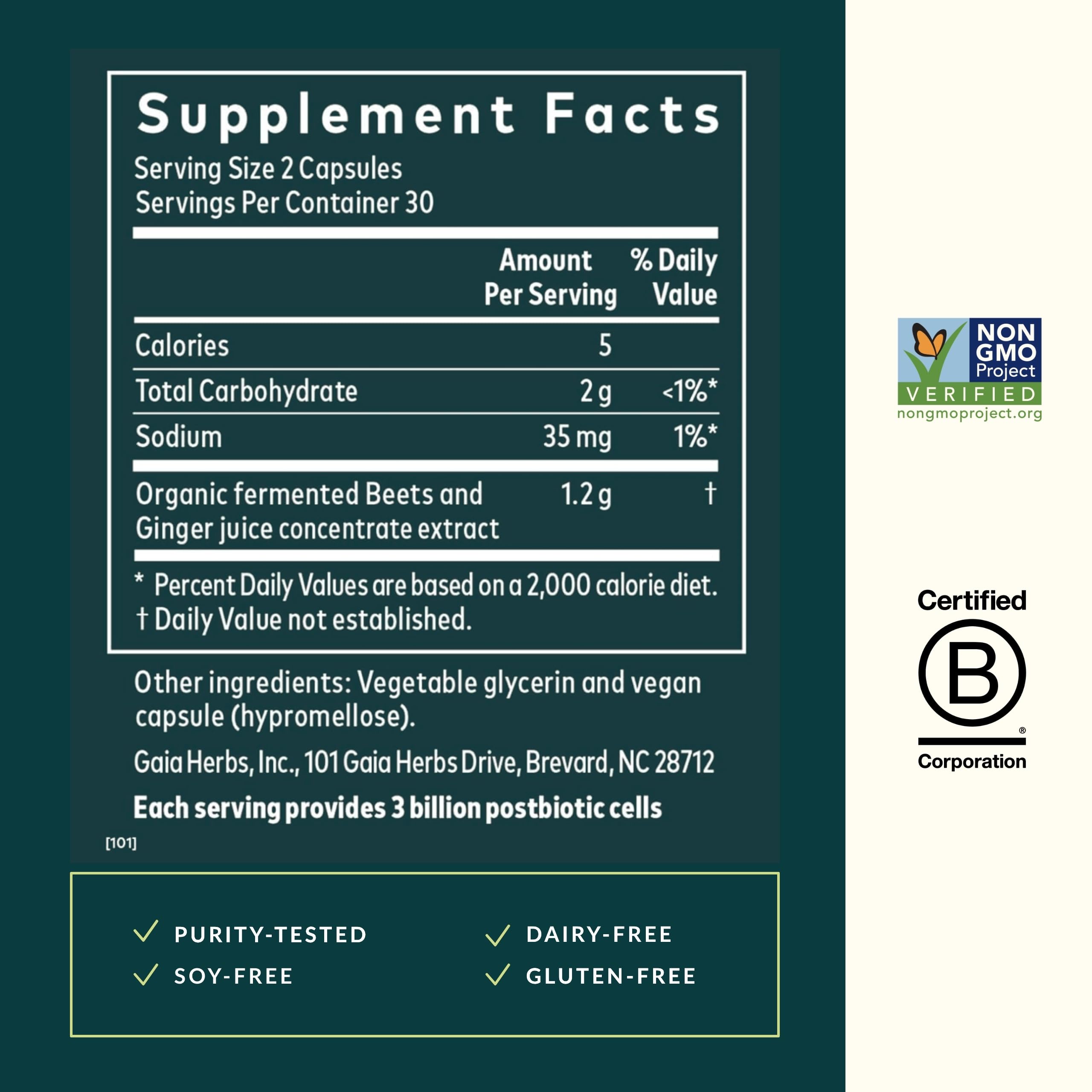 Gaia Herbs Ginger-Beet Postbiotic label closeup reveals organic fermented ingredients.
