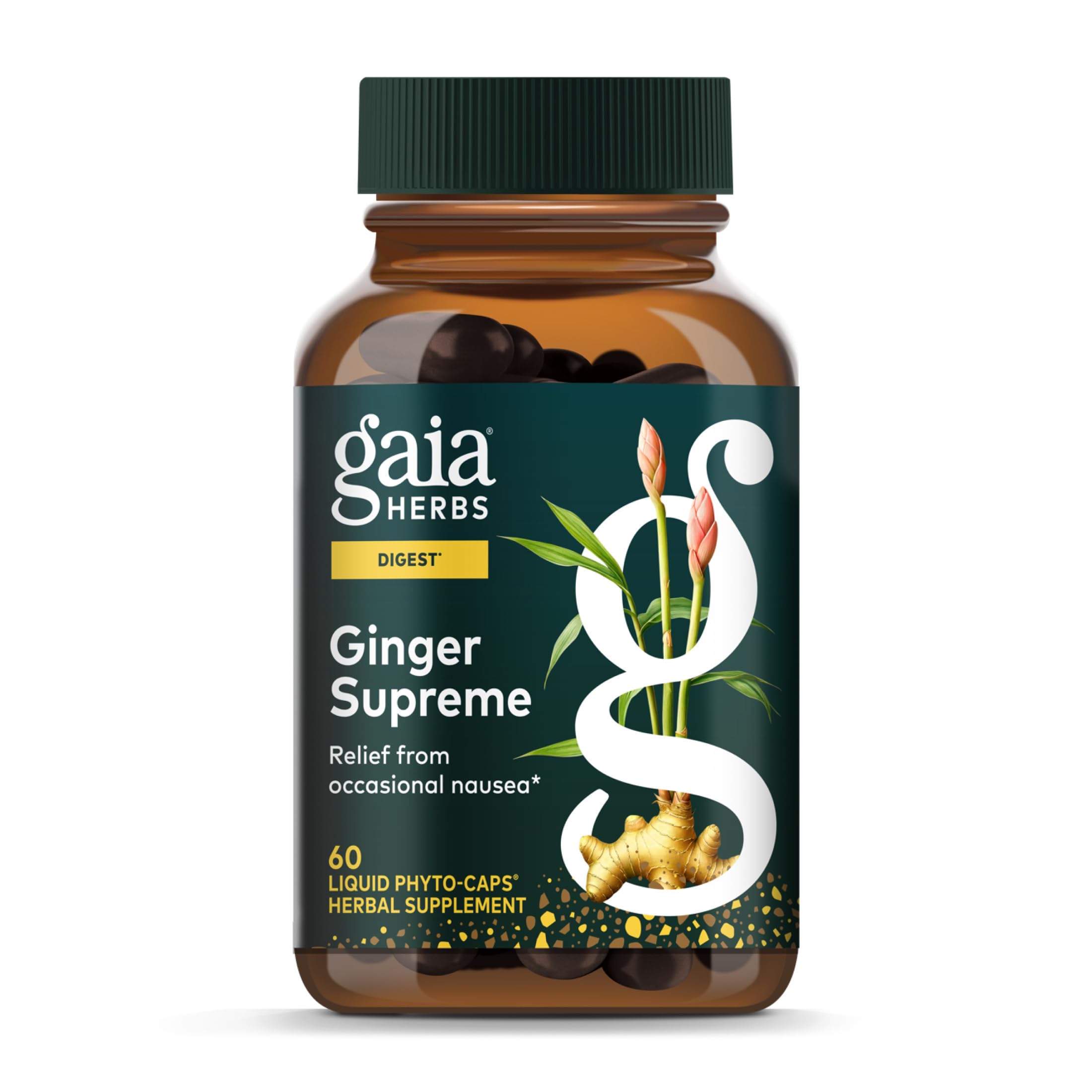 Gaia Herbs Ginger Supreme bottle for digestion with 60-day vegan capsules