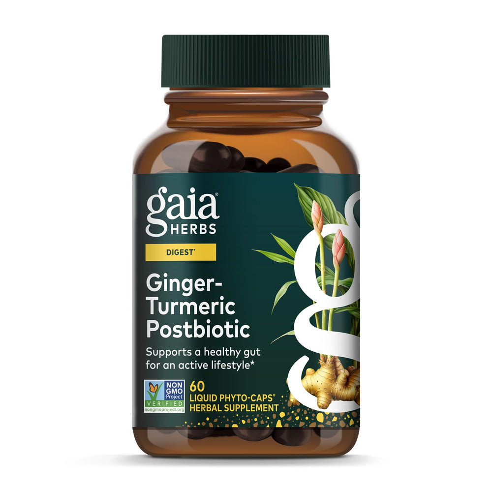 Gaia Herbs Ginger-Turmeric Postbiotic bottle showing digestive support potential