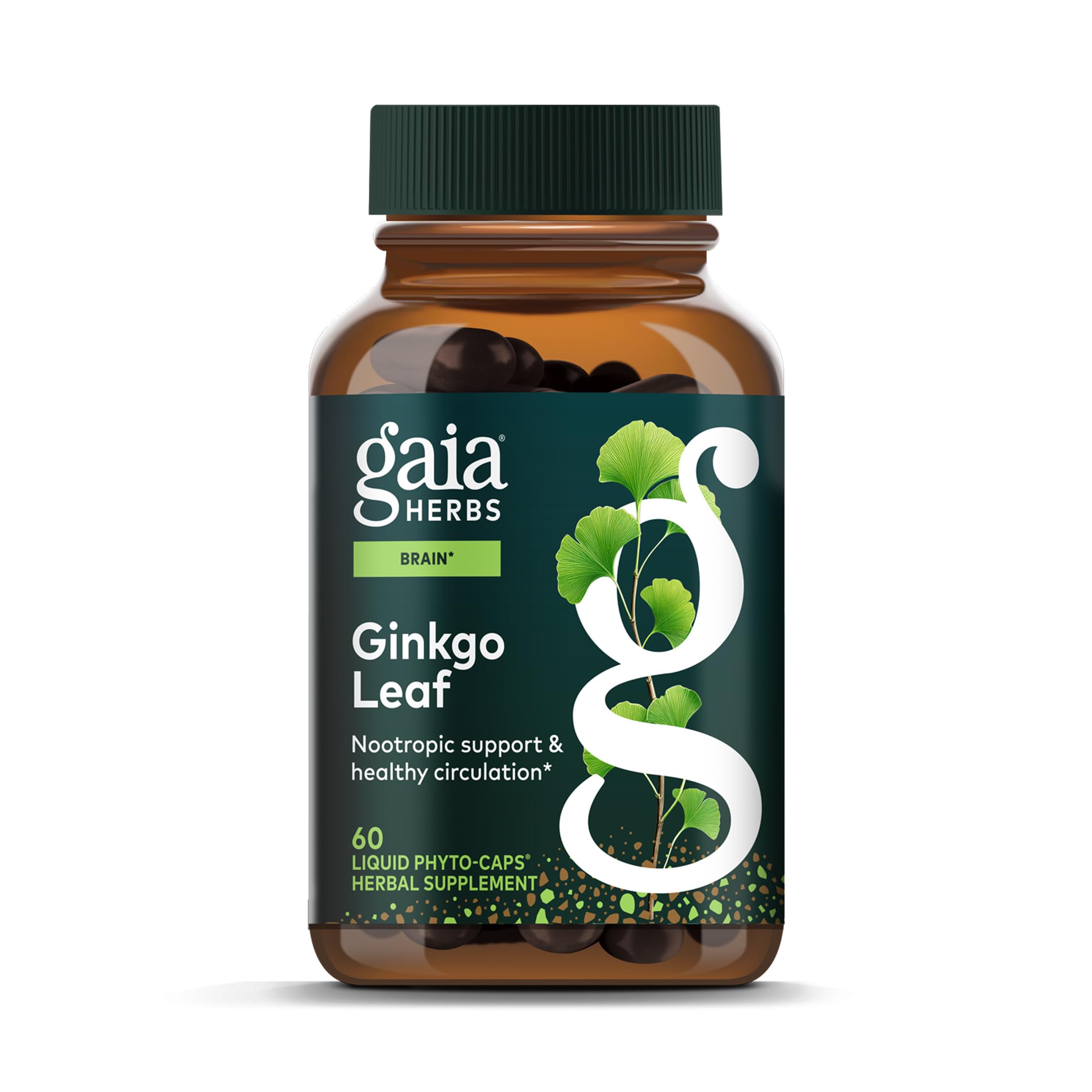 Gaia Herbs Ginkgo Leaf bottle for daily brain and circulation support.
