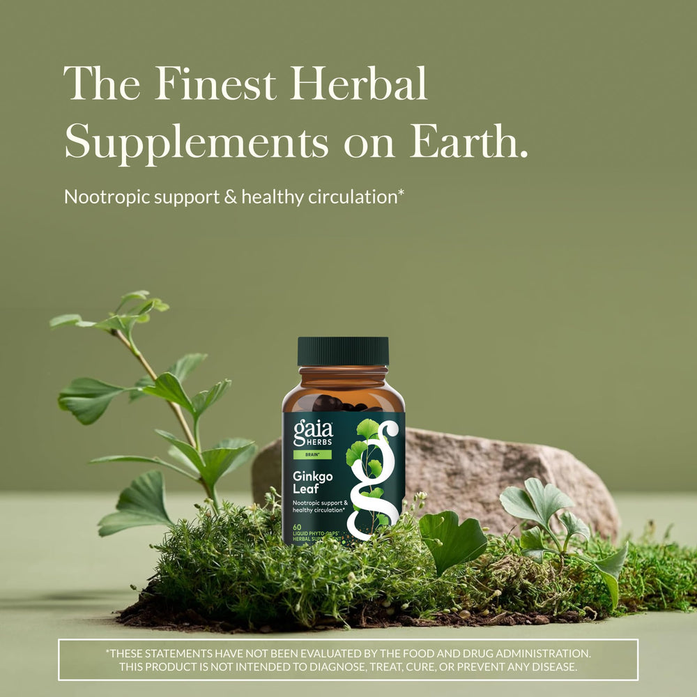 Gaia Herbs Ginkgo Leaf capsules for easy, daily herbal wellness routine.