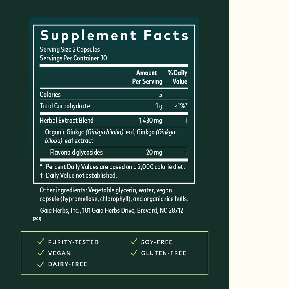 Gaia Herbs Ginkgo Leaf label closeup showing purity and traceable sourcing.