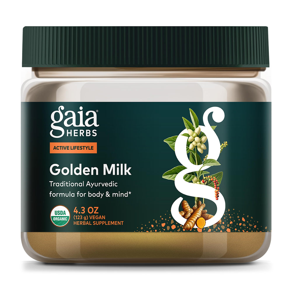 Gaia Herbs Golden Milk bottle on a shelf, suggesting a calming ritual.