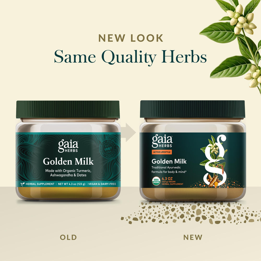 Gaia Herbs Golden Milk organic and Non-GMO label.