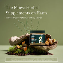 Gaia Herbs Golden Milk turmeric powder jar beside a spoon for stirring.