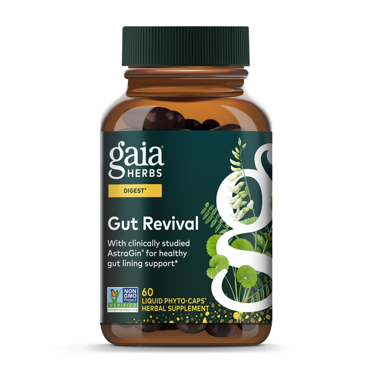 Gaia Herbs Gut Revival bottle label presents natural digestive support.