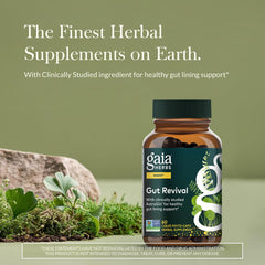 Gaia Herbs Gut Revival capsules closeup highlighting vegan capsules for digestion.