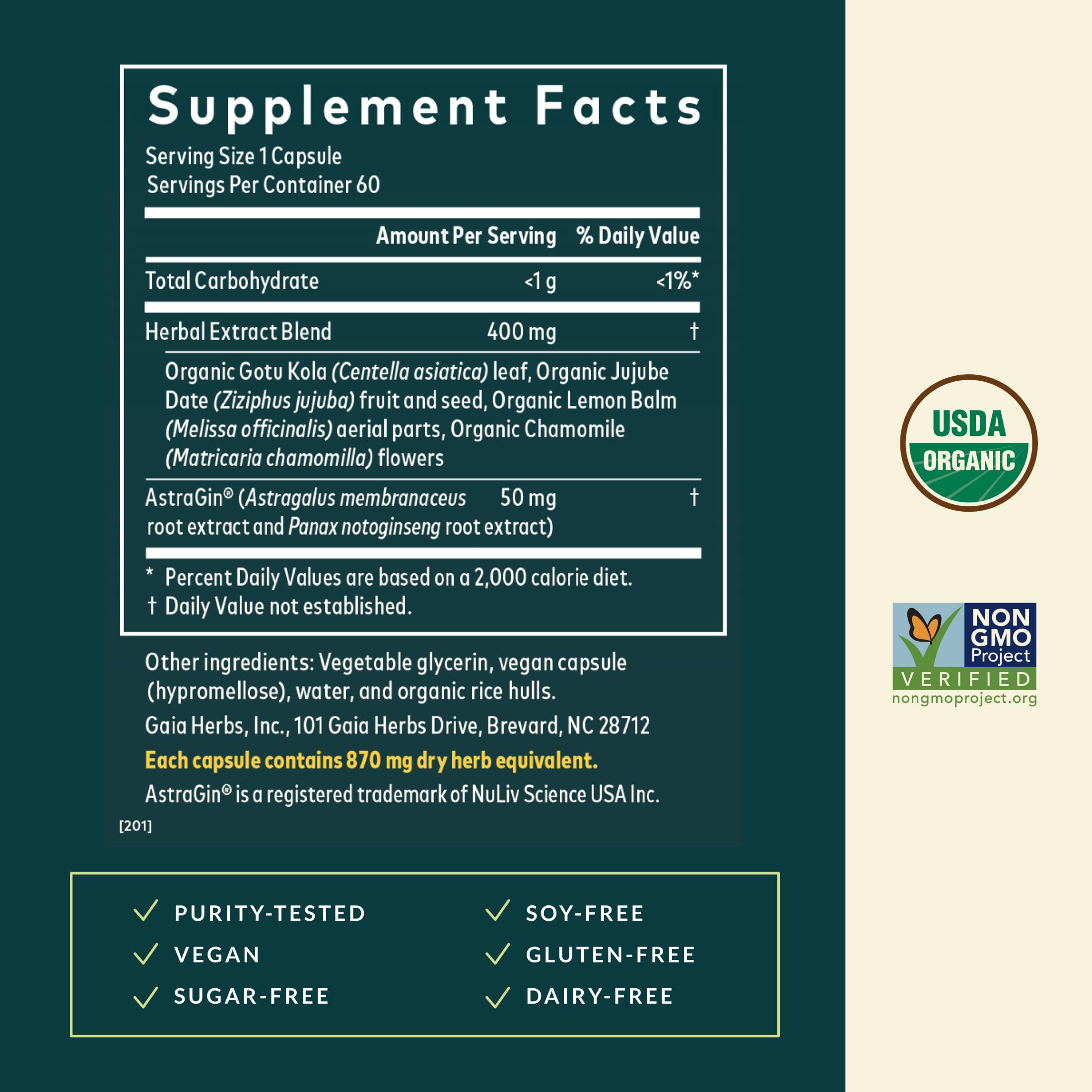 Gaia Herbs Gut Revival packaging front highlighting dairy-free, gluten-free ingredients for clean living.