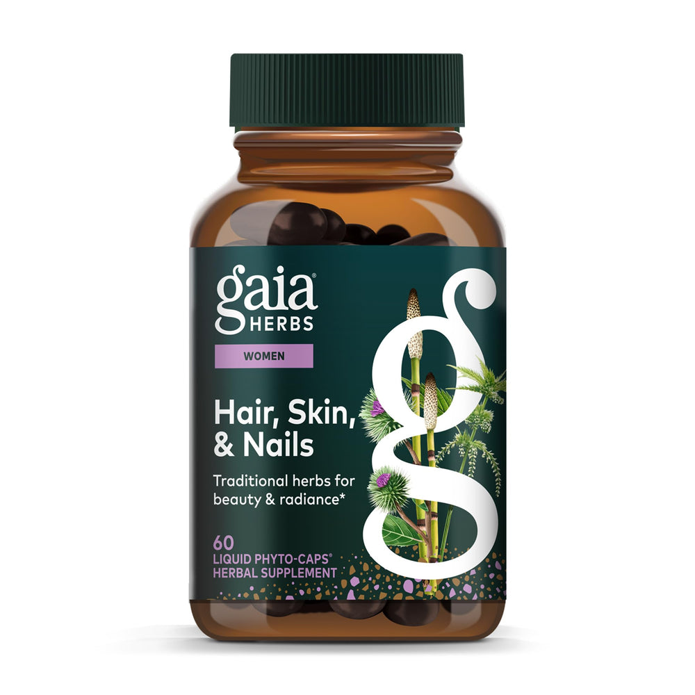 Gaia Herbs Hair, Skin & Nail Support bottle with capsules for daily beauty maintenance.