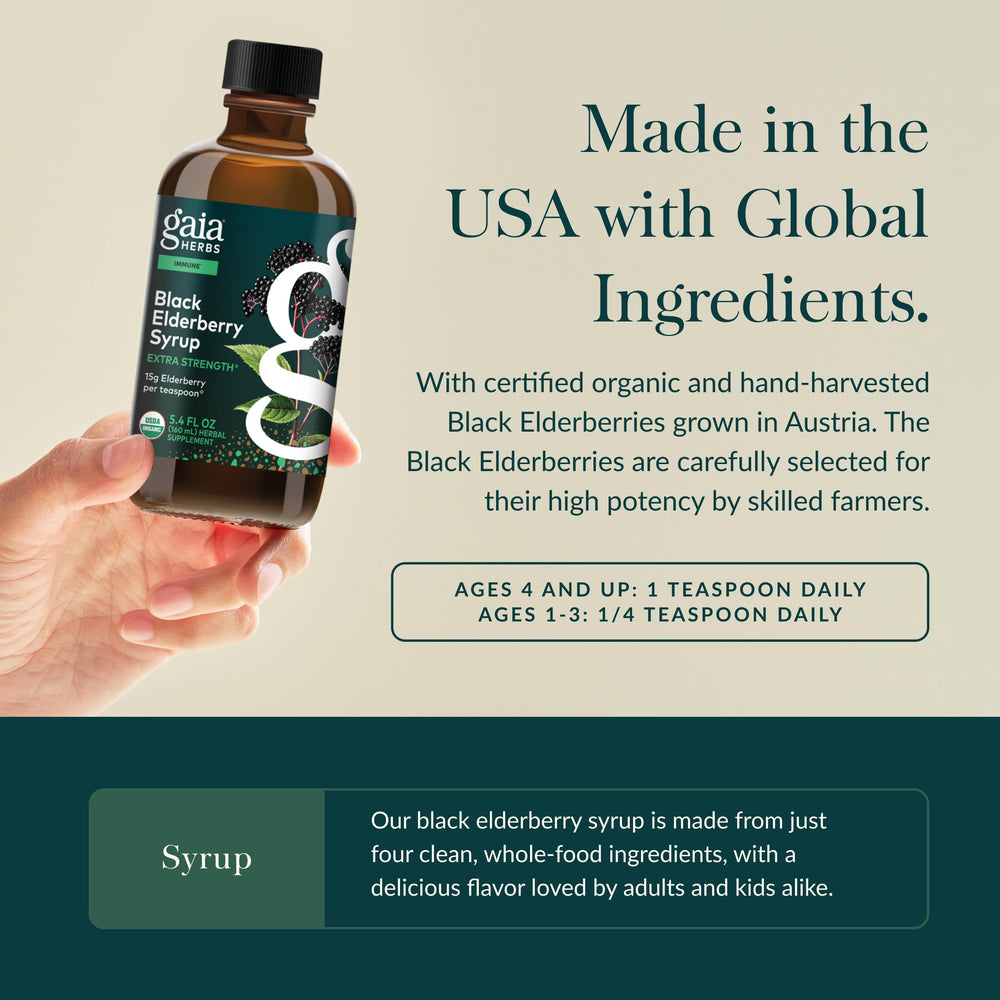 Hand-harvested elderberries from Gaia Herbs' organic co-op featured on the packaging.