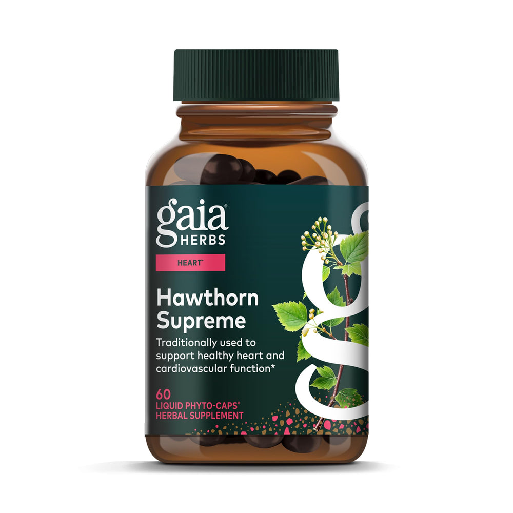 Gaia Herbs Hawthorn Supreme bottle label displaying heart health support.