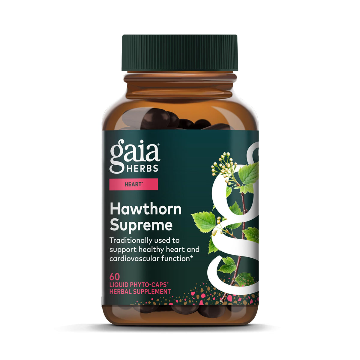Gaia Herbs Hawthorn Supreme bottle label displaying heart health support.