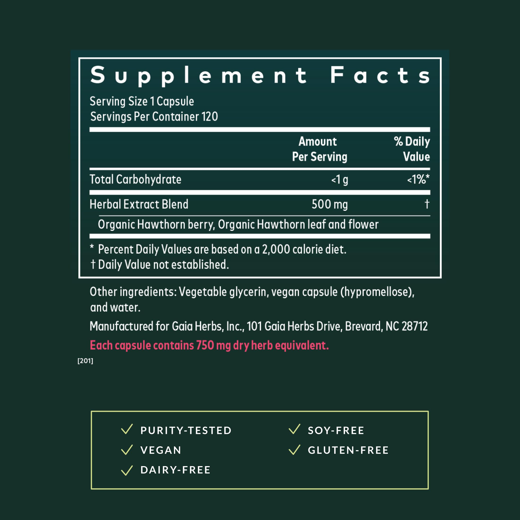 Gaia Herbs Hawthorn Supreme capsules closeup showing vegan phyto-caps