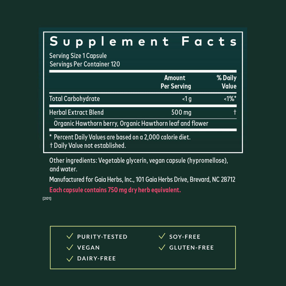 Gaia Herbs Hawthorn Supreme capsules closeup showing vegan phyto-caps