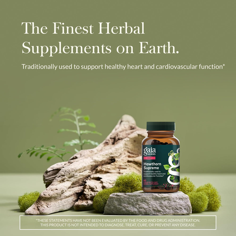 Gaia Herbs Hawthorn Supreme capsules ready for daily cardiovascular use.