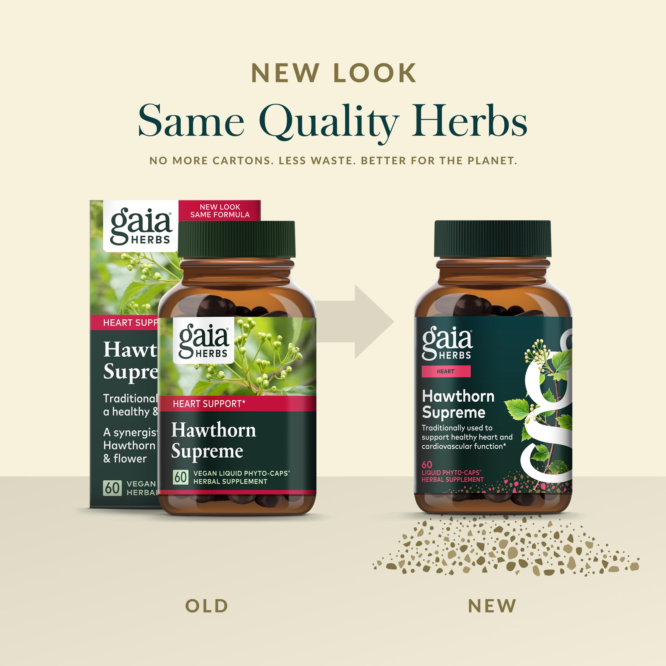 Gaia Herbs Hawthorn Supreme ingredients jar highlighting herbal quality.