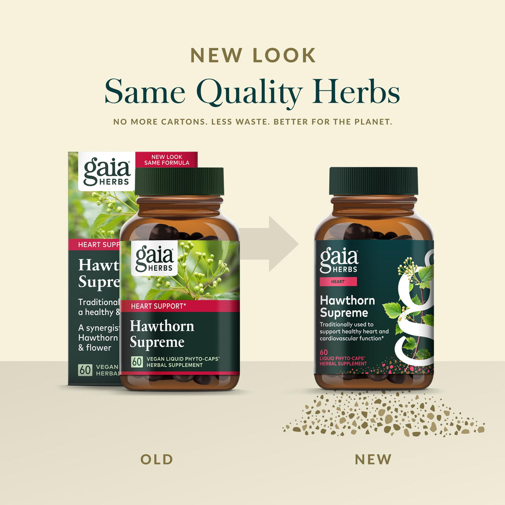 Gaia Herbs Hawthorn Supreme ingredients jar highlighting herbal quality.