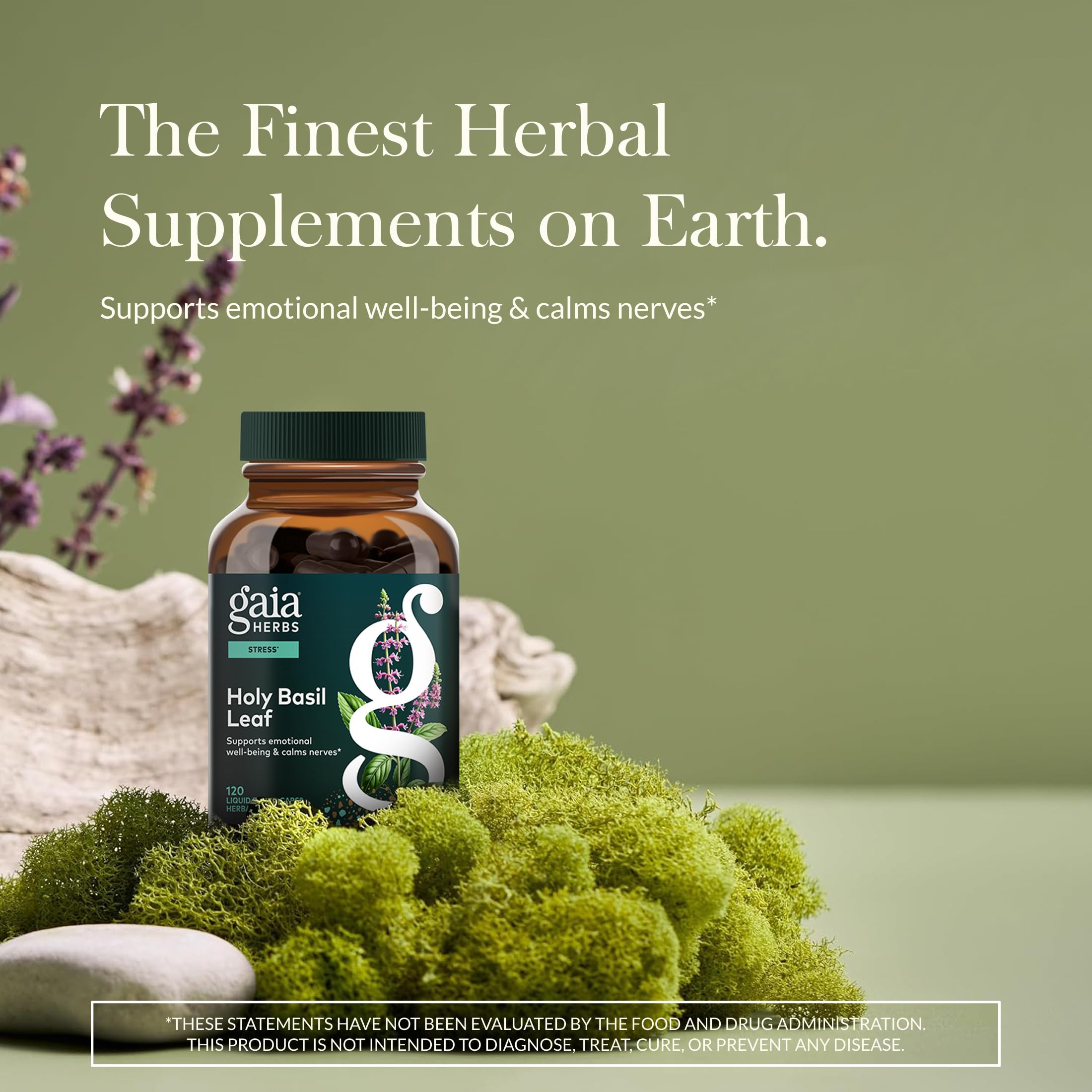 Gaia Herbs Holy Basil Leaf capsules image for convenient daily use.