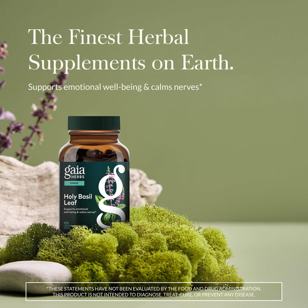 Gaia Herbs Holy Basil Leaf capsules image for convenient daily use.