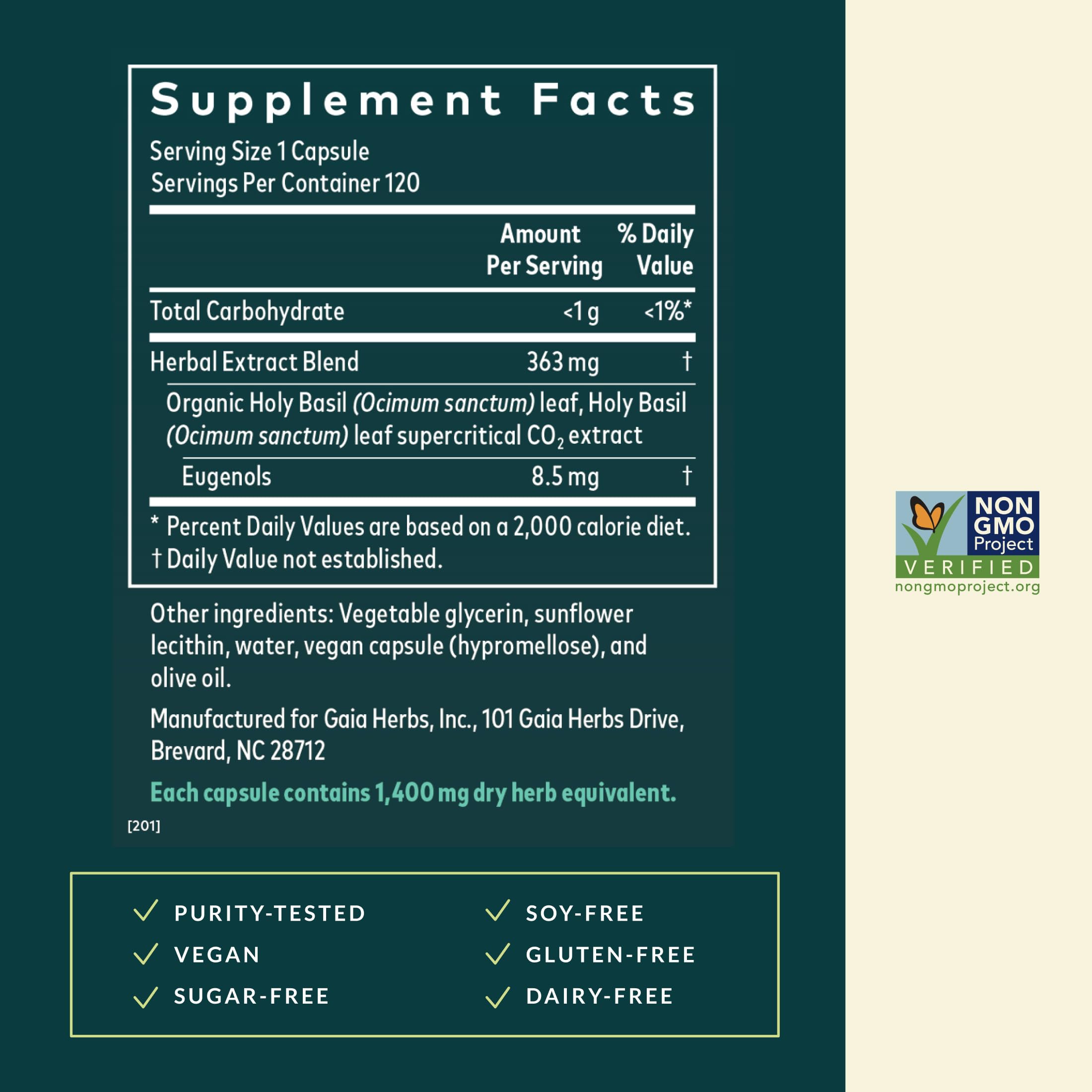 Close-up of Gaia Herbs Holy Basil Leaf label emphasizing purity and sourcing.
