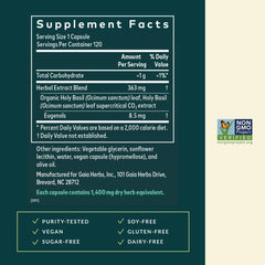 Close-up of Gaia Herbs Holy Basil Leaf label emphasizing purity and sourcing.
