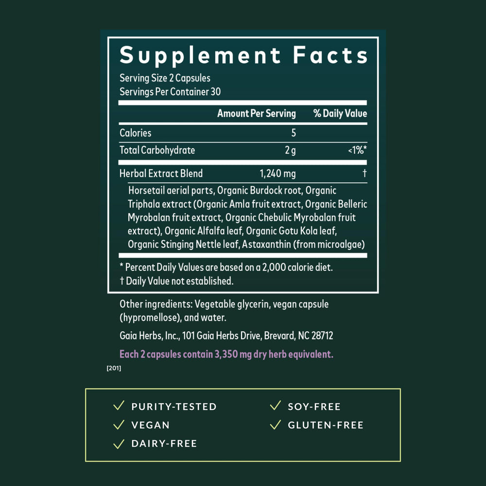 Gaia Herbs horsetail plant viewed in a natural setting, traditional herb for hair health.