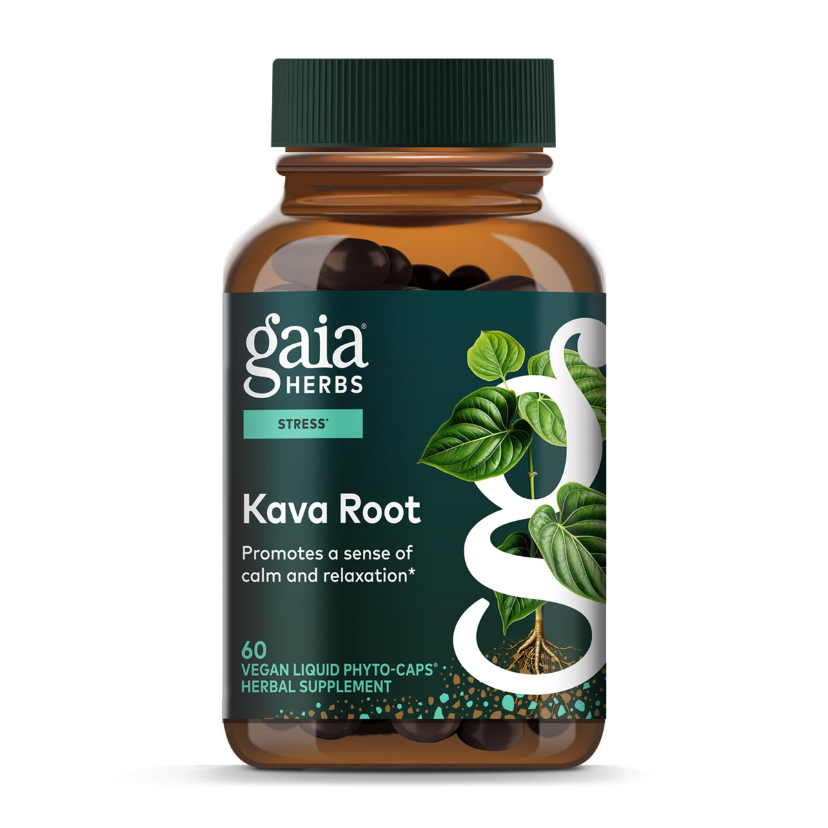 Gaia Herbs Kava Root bottle highlighting calming support for stress relief