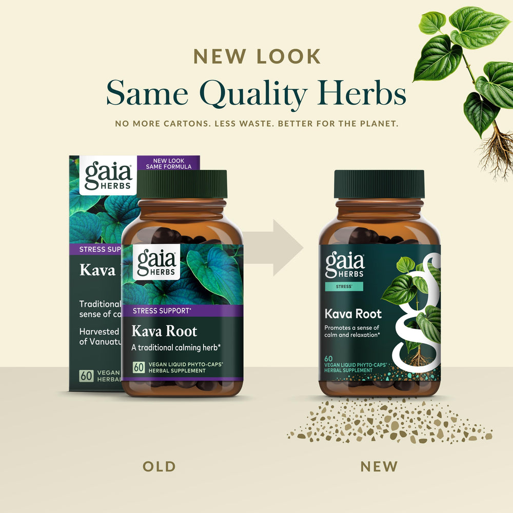 Gaia Herbs Kava Root packaging on shelf communicates quality and care