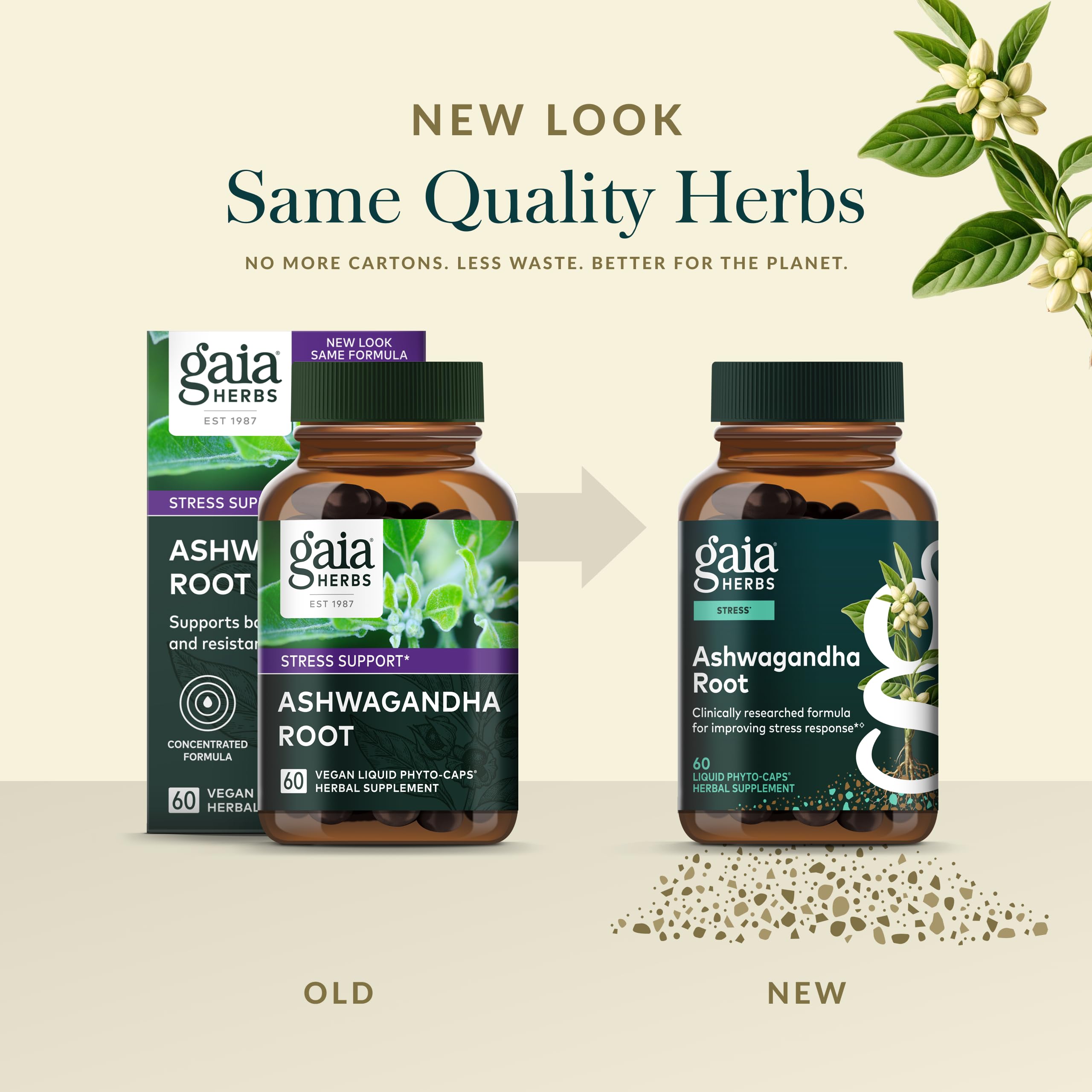 Gaia Herbs lab-testing logos confirm quality control standards.