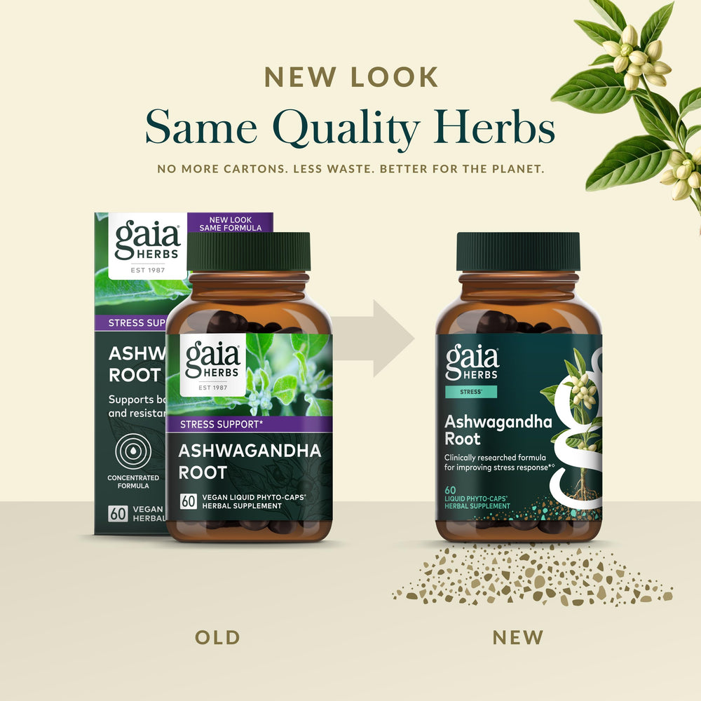 Gaia Herbs lab-testing logos confirm quality control standards.