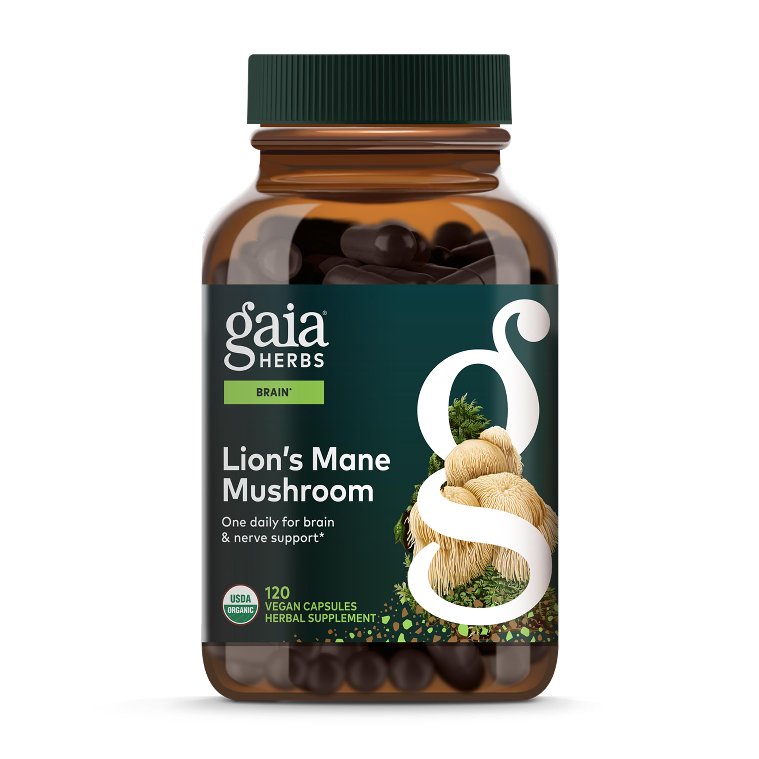 Gaia Herbs Lion's Mane bottle front, organic vegan capsules for daily brain support