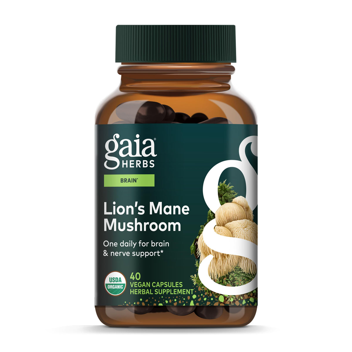 Gaia Herbs Lion's Mane bottle front highlighting brain support capsules.