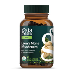 Gaia Herbs Lion's Mane bottle front highlighting brain support capsules.