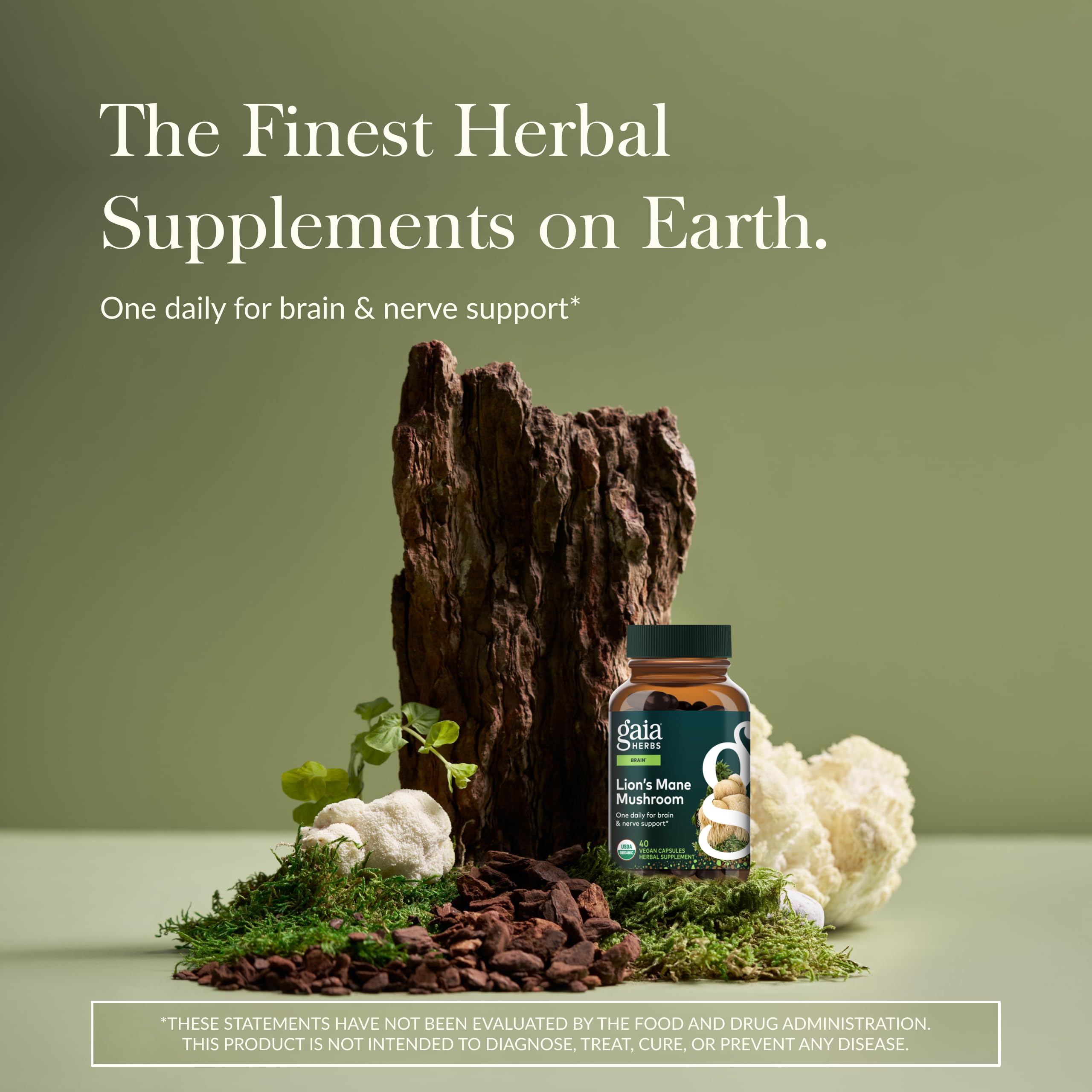 Gaia Herbs Lion's Mane bottle side shows 40 vegan capsules for daily use.