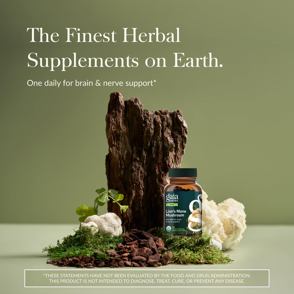 Gaia Herbs Lion's Mane bottle side shows 40 vegan capsules for daily use.