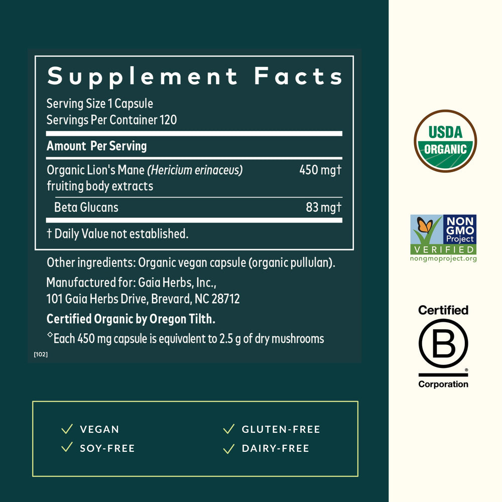 Gaia Herbs Lion's Mane capsules, plant-based brain support in vegan capsules
