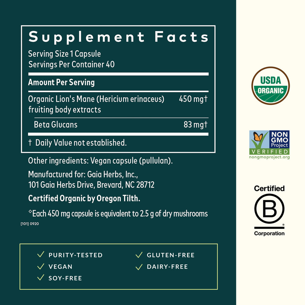 Close-up of Gaia Herbs Lion's Mane label, emphasizing USDA Organic quality.