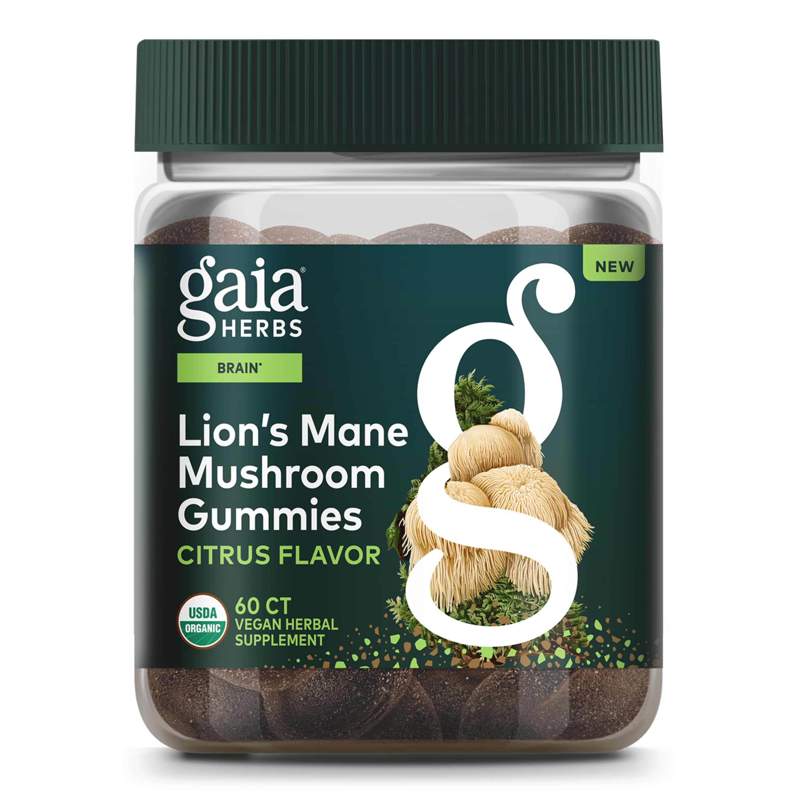 Gaia Herbs Lion's Mane bottle pour illustrates convenient daily mushroom support.