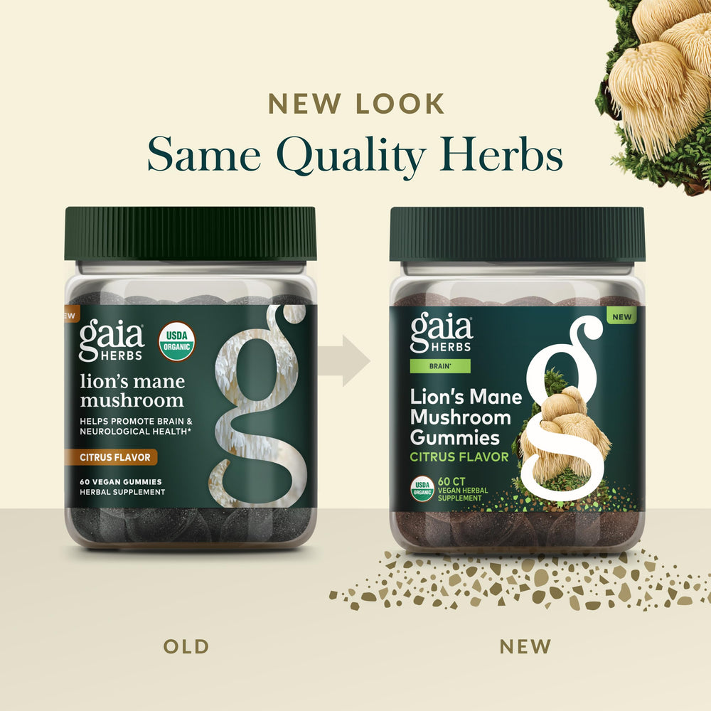 Gaia Herbs Lion's Mane gluten-free dairy-free soy-free claim reinforces clean plant-based supplement.