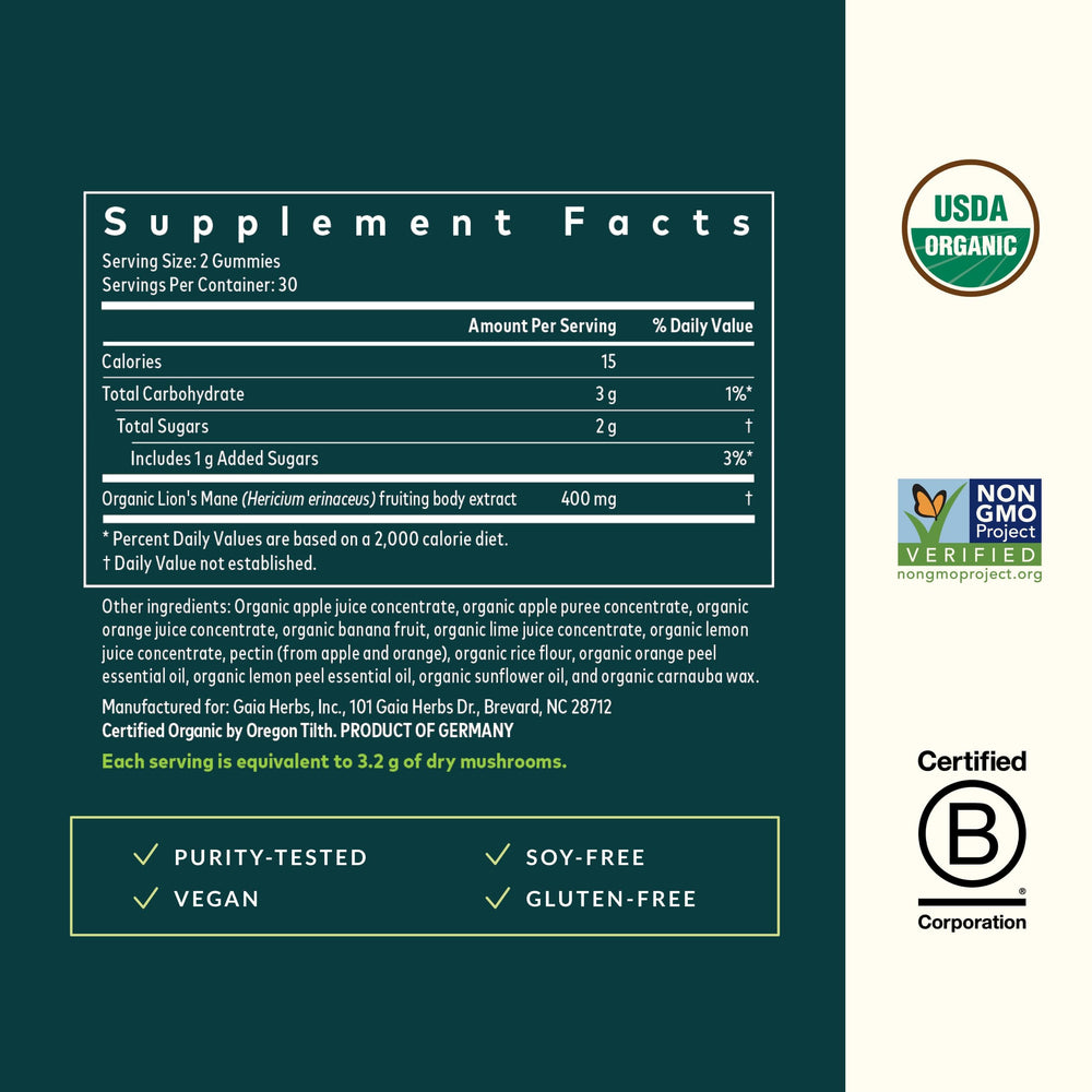 Gaia Herbs Lion's Mane organic ingredients emphasize quality and natural forest-derived health support.
