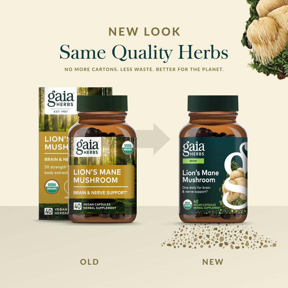 USDA Organic seal on Gaia Herbs Lion's Mane product packaging.