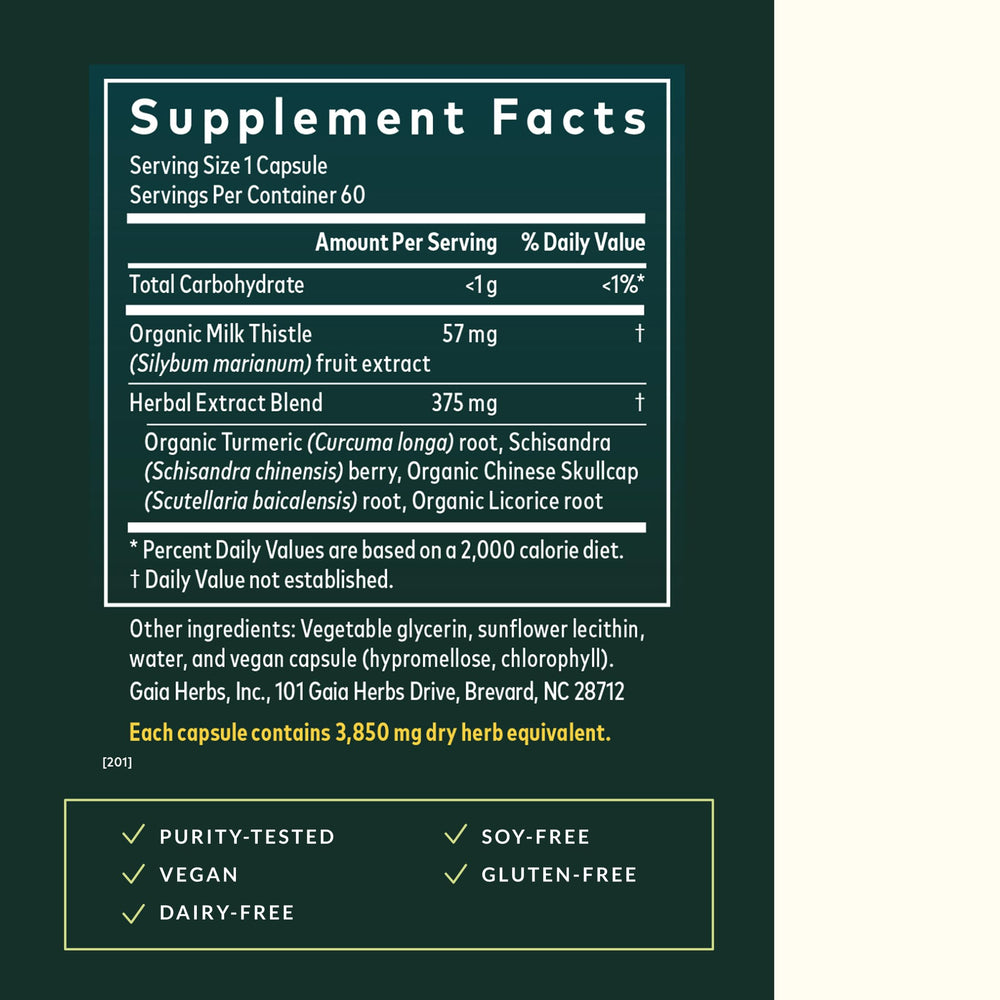 Gaia Herbs Liver Health label closeup highlights milk thistle and turmeric