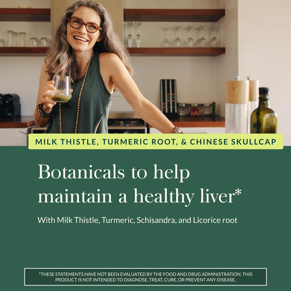 Gaia Herbs Liver Health milk thistle ingredient closeup suggests plant-based wellness