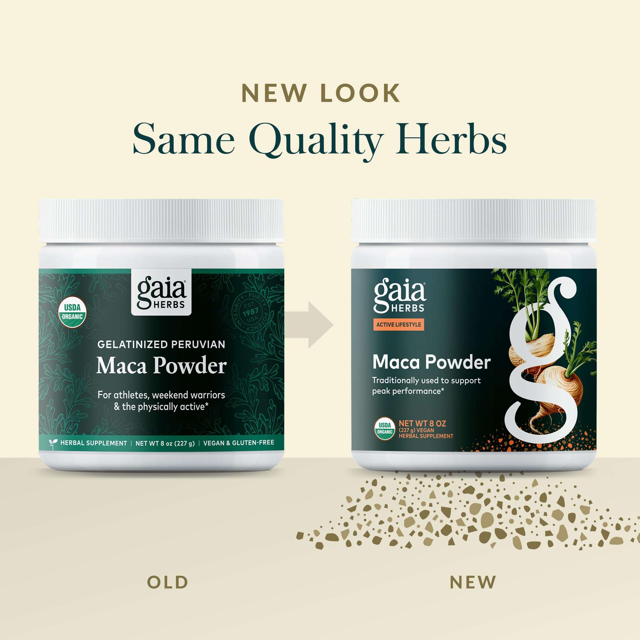 Gaia Herbs Maca Powder 8 oz jar shown as a generous 69-day supply.