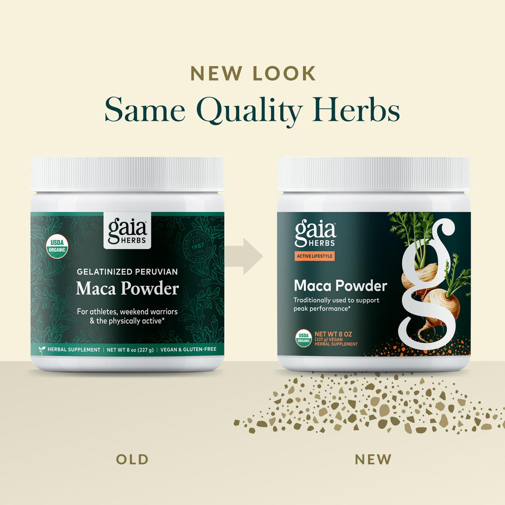 Gaia Herbs Maca Powder 8 oz jar shown as a generous 69-day supply.