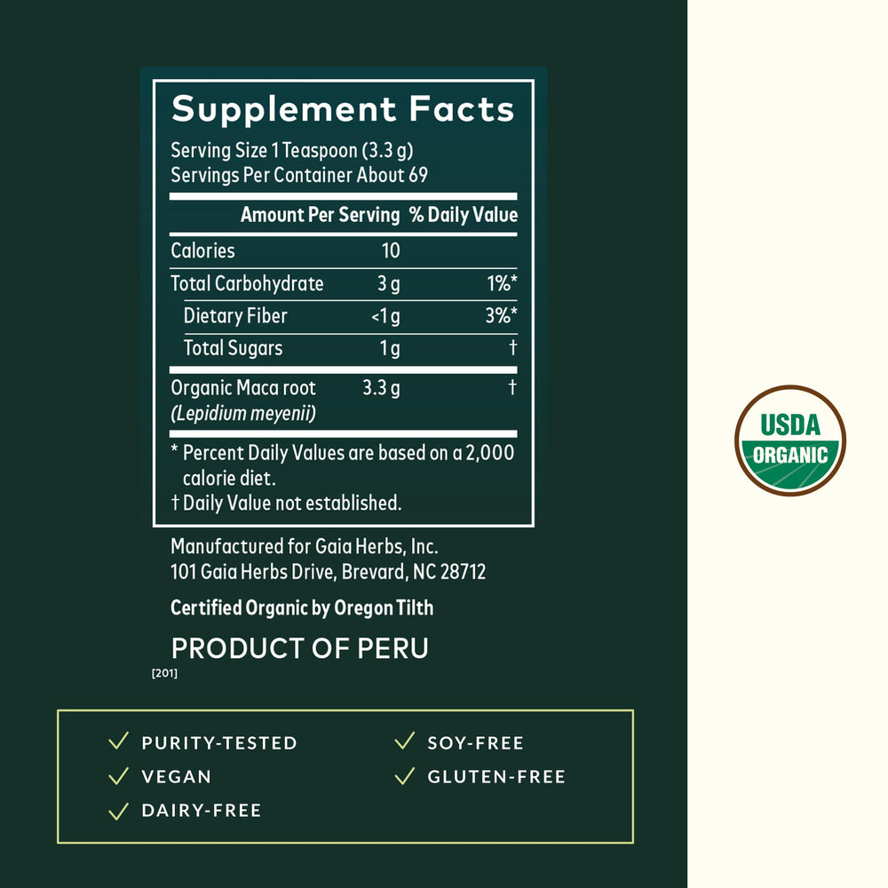 Gaia Herbs Maca Powder gelatinized form shown for easier digestion and smoother mixing.