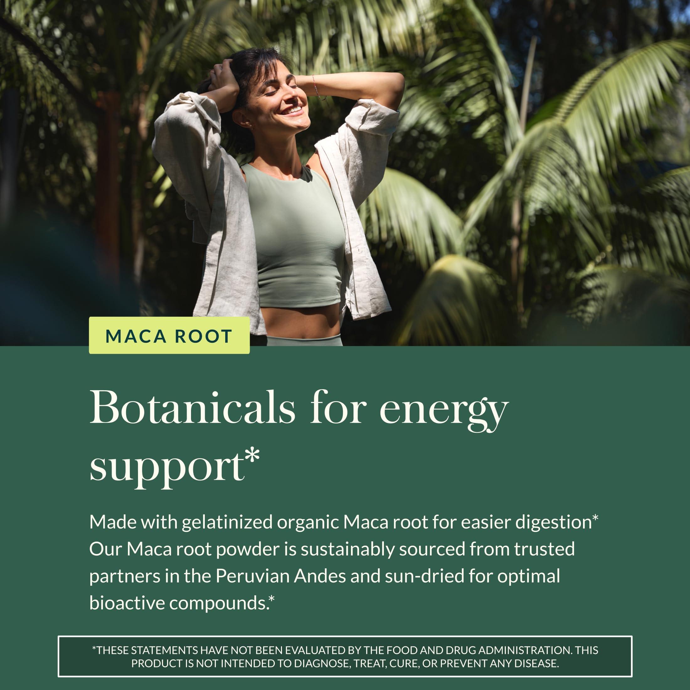 Gaia Herbs Maca Powder label notes proudly made in NC USA for local production.