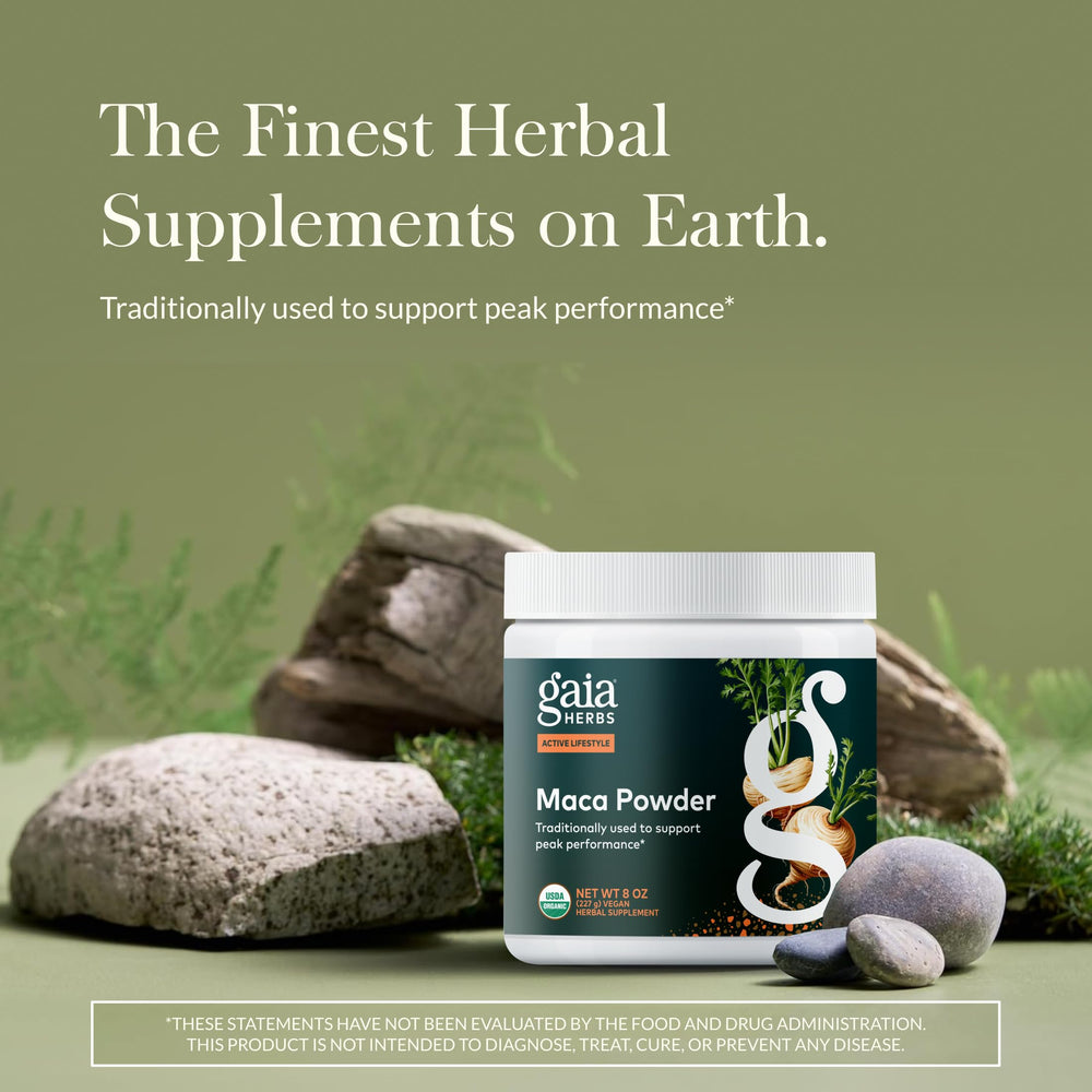 Gaia Herbs Maca Powder organic maca root display emphasizes natural sourcing and quality.